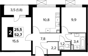 2-комн., 50.9 м², 18/22 этаж, ЖК «Южная Битца»