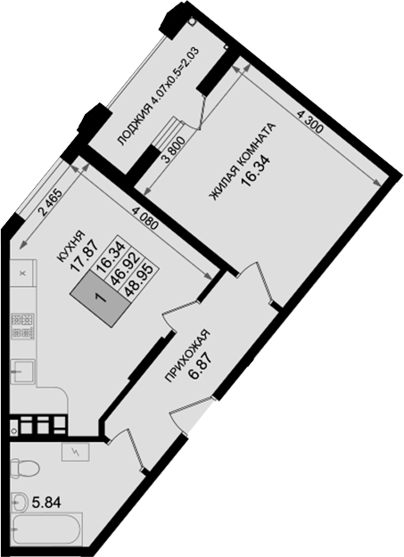 1-комн., 46.92 м², 8/8 этаж, ЖК «Резиденция морей»