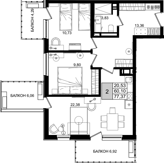 3-комн. квартира, 59.05 м² в ЖК IT гостиничный комплекс Корсаков — фото 2