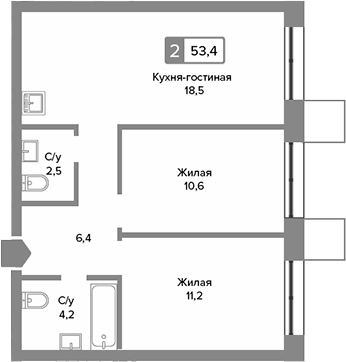 3-комн., 53.4 м², 15/31 этаж, ЖК «Сити квартал Отрада»