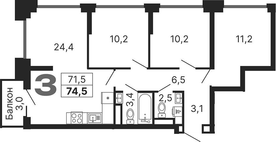 3-комн., 71.5 м², 8/29 этаж, ЖК «Бестселлер»
