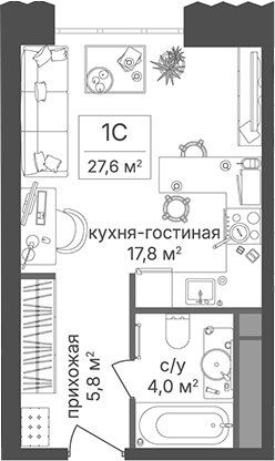 Студия, 27.6 м², 8/30 этаж, ЖК «Гостиничный комплекс Варшавские ворота»