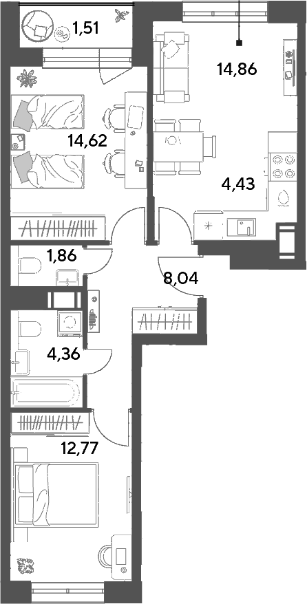 3-комн., 60.94 м², 9/9 этаж, ЖК «Публицист»