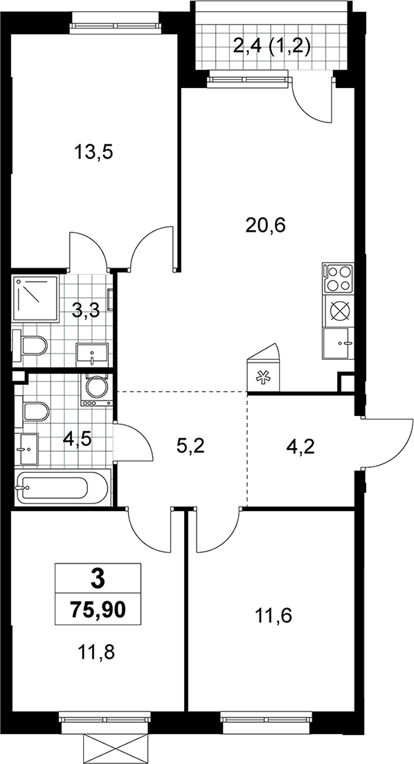 4+ комнаты, 74.7 м², 3/10 этаж, ЖК «Прокшино»