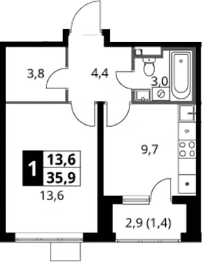1-комн., 34.5 м², 23/24 этаж, ЖК «1-й Донской»