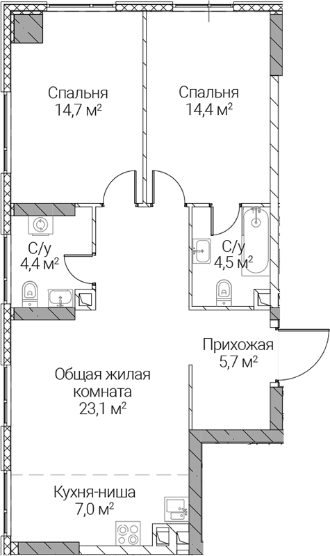 3-комн., 73.8 м², 10/36 этаж, ЖК «СЕЗАР СИЛИКА»