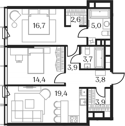 3-комн., 73.4 м², 22/23 этаж, ЖК «Союз»