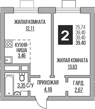 2-комн., 39.4 м², 23/23 этаж, ЖК «Гранель Ильинойс»