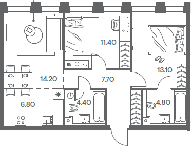 3-комн., 62.4 м², 8/10 этаж, ЖК «Инджой»