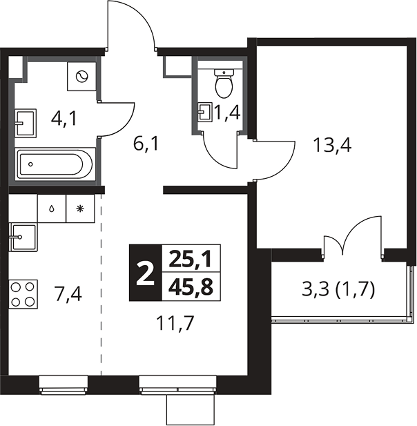 2-комн., 44.1 м², 5/23 этаж, ЖК «1-й Южный»