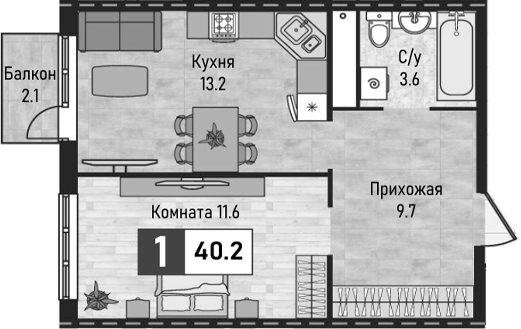 1-комн., 38.1 м², 2/10 этаж, ЖК «Живописный»