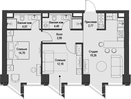 3-комн., 61.37 м², 9/58 этаж, ЖК «Феймос»
