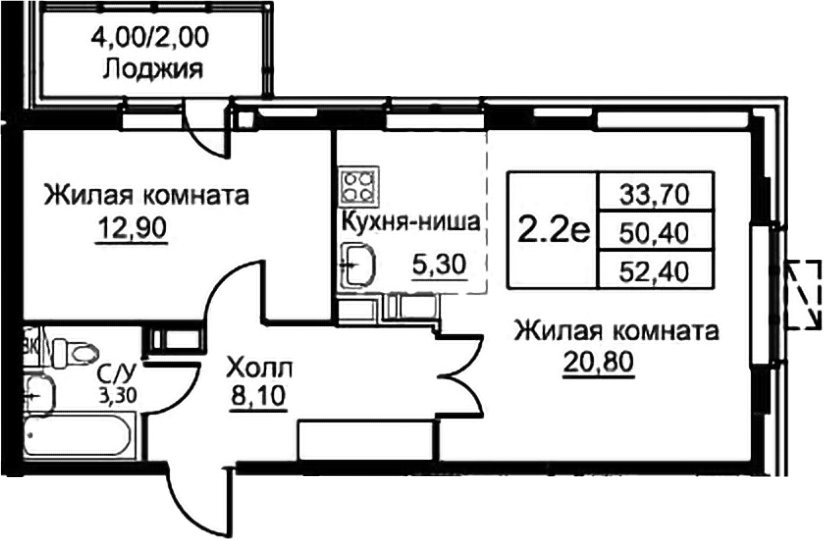 2-комн., 50.4 м², 10/12 этаж, ЖК «Кашинцево»
