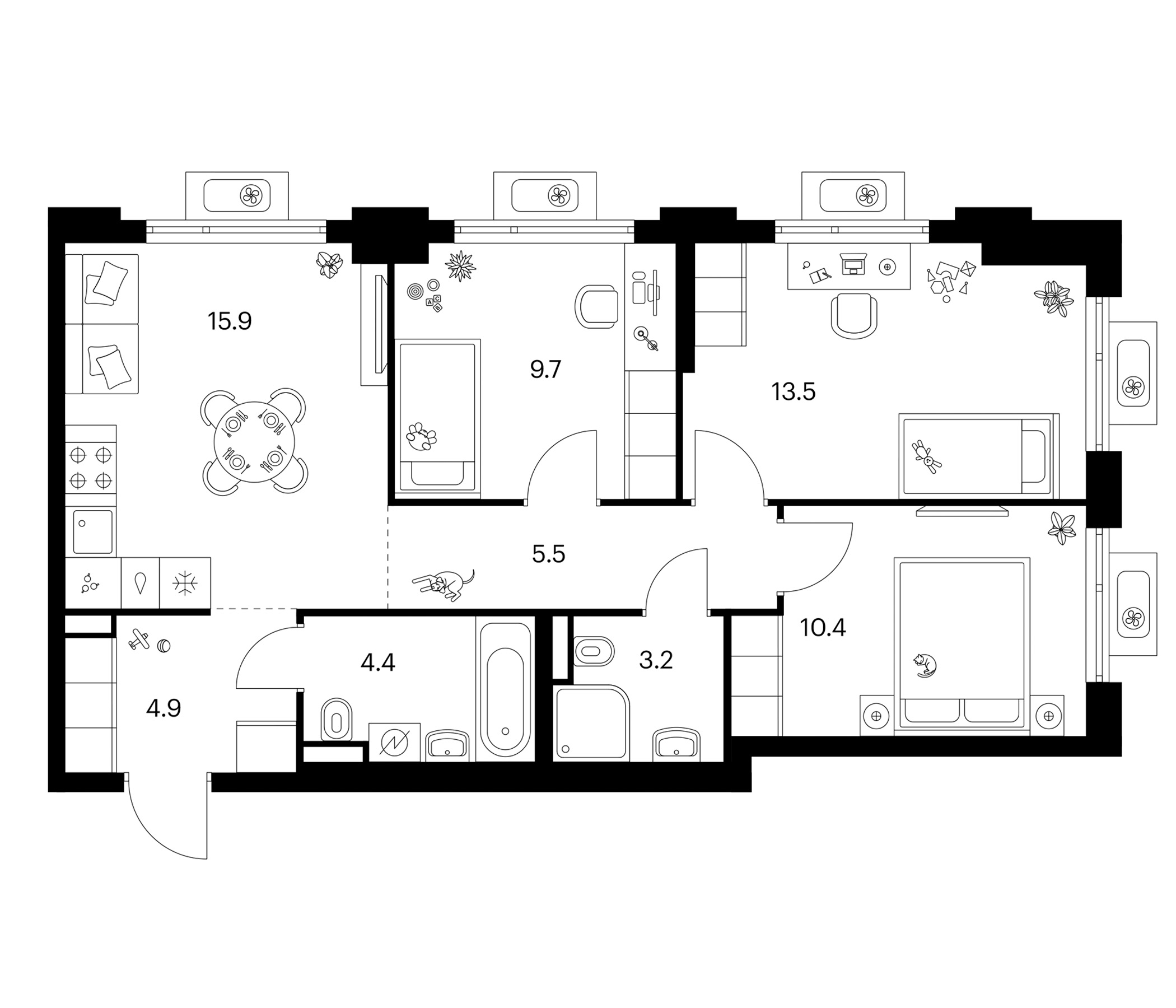 3-комн., 67.7 м², 15/25 этаж, ЖК «Белая Дача парк»