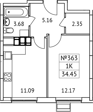 1-комн., 34.45 м², 13/17 этаж, ЖК «Новотомилино»