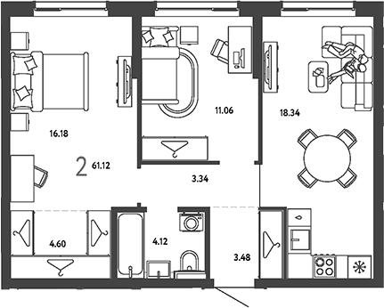 2-комн., 61.12 м², 16/18 этаж, ЖК «Страна.Парковая»