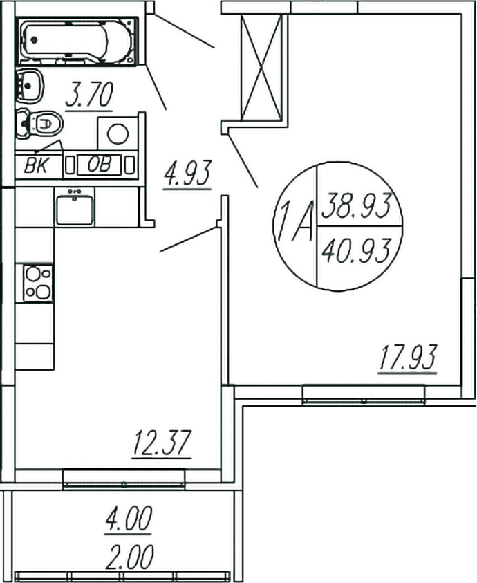 1-комн., 38.93 м², 4/4 этаж, ЖК «Шолохово»