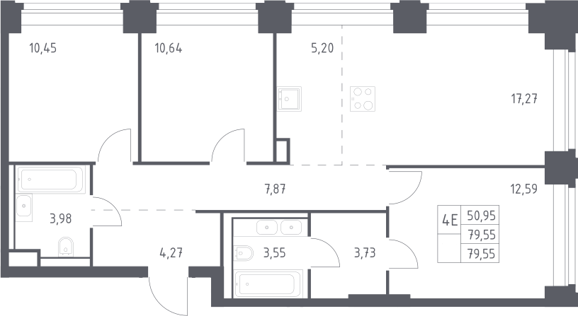 4+ комнаты, 79.55 м², 14/32 этаж, ЖК «НОВА»