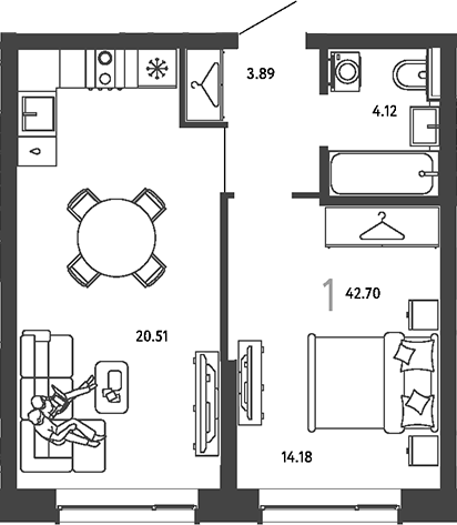 1-комн., 42.7 м², 19/24 этаж, ЖК «Страна.Парковая»