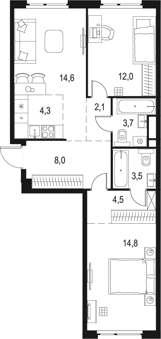 3-комн., 67.5 м², 21/24 этаж, ЖК «Левел Мичуринский»