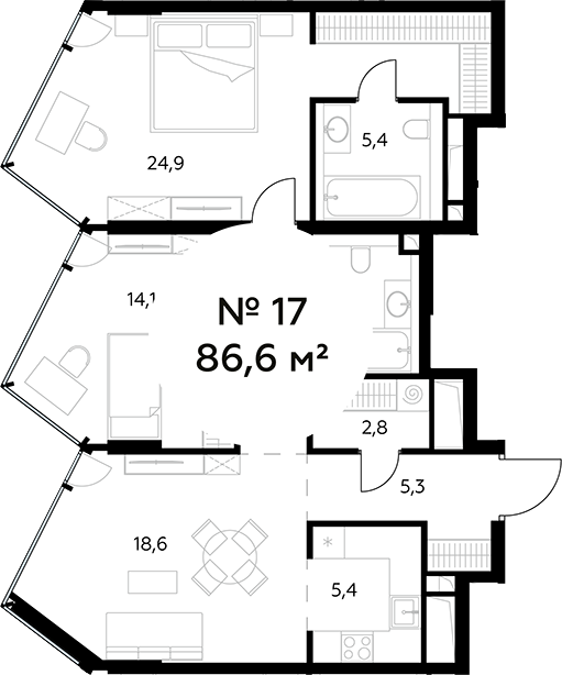 3-комн., 86.6 м², 5/27 этаж, ЖК «Монблан»
