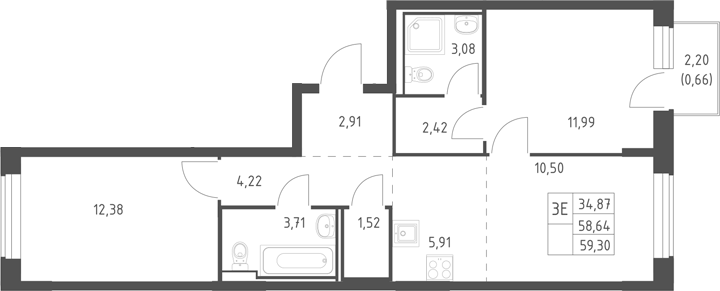 3-комн., 58.64 м², 13/17 этаж, ЖК «Горки Парк»