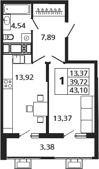1-комн., 39.72 м², 5/24 этаж, ЖК «Родные Просторы»
