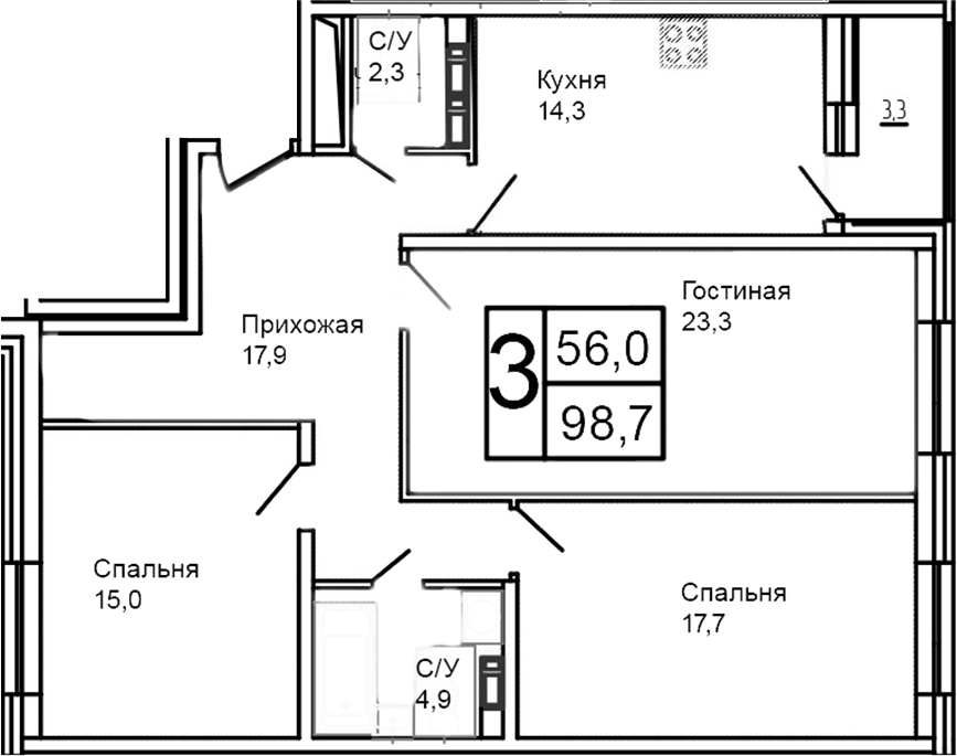 3-комн., 95.4 м², 2/12 этаж, ЖК «Троицкий»
