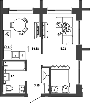1-комн., 34.38 м², 6/19 этаж, ЖК «Страна.Парковая»