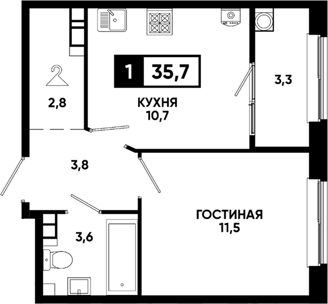 1-комн., 32.4 м², 3/12 этаж, ЖК «Кварталы 17/77»