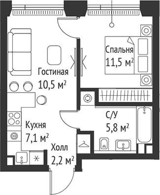 2-комн., 37.1 м², 28/59 этаж, ЖК «СЕТ»