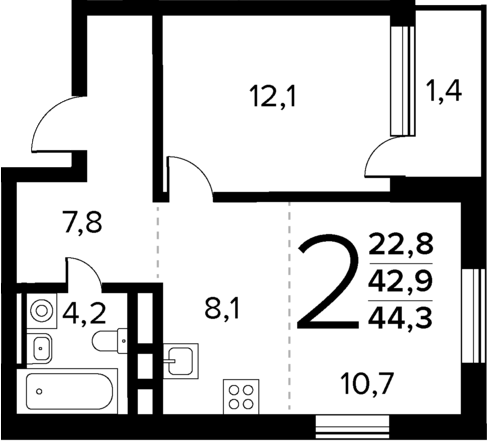 2-комн., 42.9 м², 11/11 этаж, ЖК «Новые Ватутинки Квартал у реки»