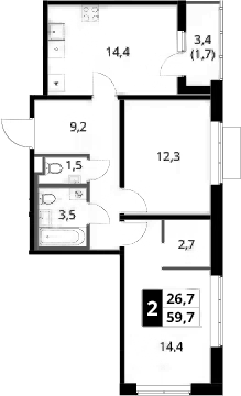 2-комн., 58 м², 17/18 этаж, ЖК «1-й Ясеневский»