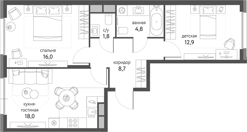 3-комн., 62.9 м², 9/9 этаж, ЖК «Сиреневый парк»