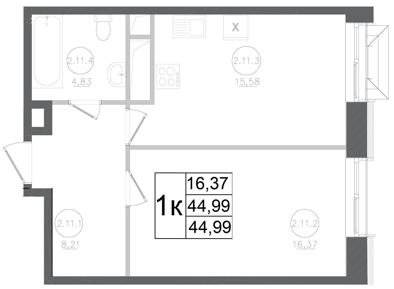 1-комн., 44.99 м², 2/17 этаж, ЖК «Авиатор-2»