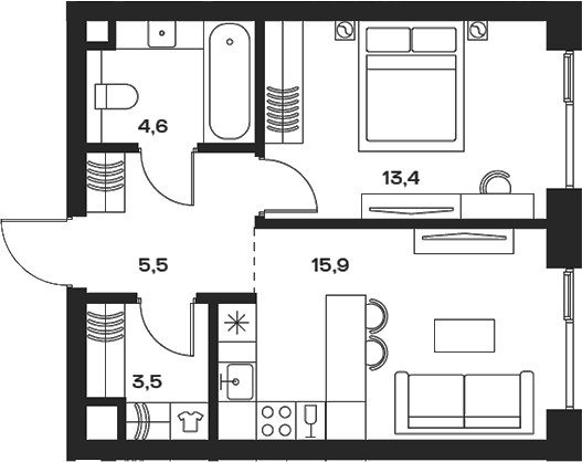 2-комн., 44.9 м², 20/29 этаж, ЖК «СОУЛ»