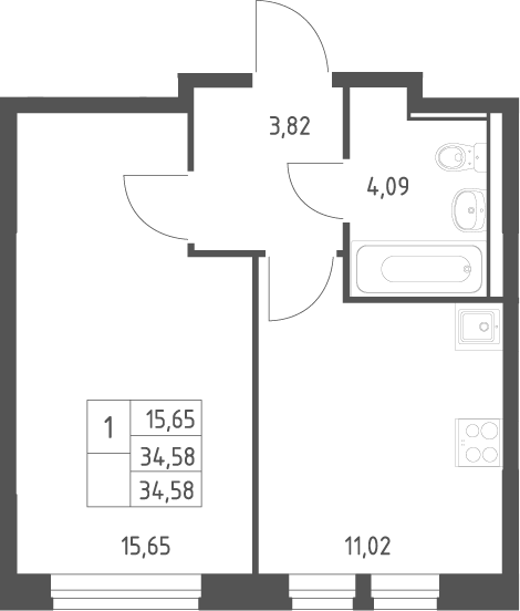 1-комн., 34.58 м², 17/17 этаж, ЖК «Квартал Ивакино»
