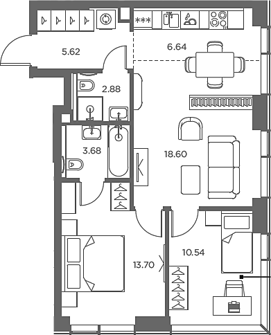 3-комн., 61.66 м², 31/49 этаж, ЖК «TATE»