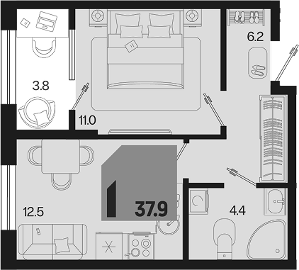 1-комн. квартира, 34.1 м² в ЖК Первое место — фото 2