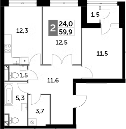 2-комн., 59.4 м², 29/43 этаж, ЖК «Скай Гарден»