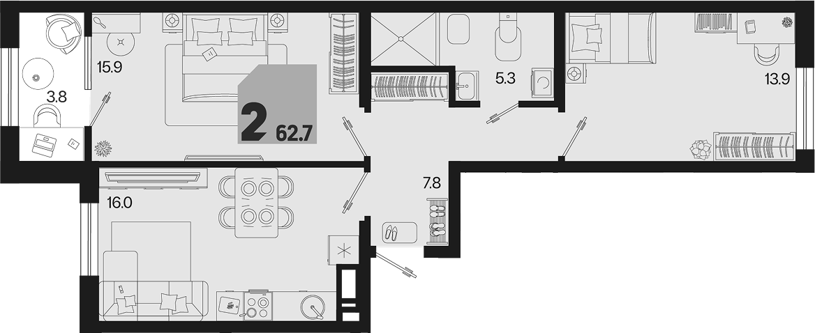 2-комн., 58.9 м², 2/9 этаж, ЖК «Первое место» — фото 2