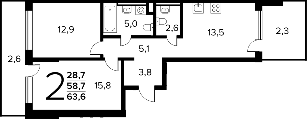 2-комн., 58.7 м², 1/9 этаж, ЖК «Новые Ватутинки Квартал у реки»