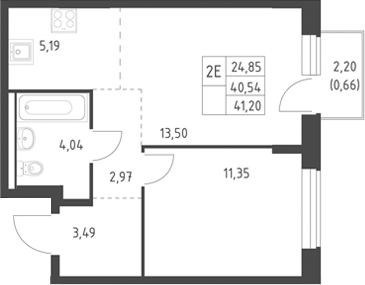2-комн., 40.54 м², 12/17 этаж, ЖК «Горки Парк»
