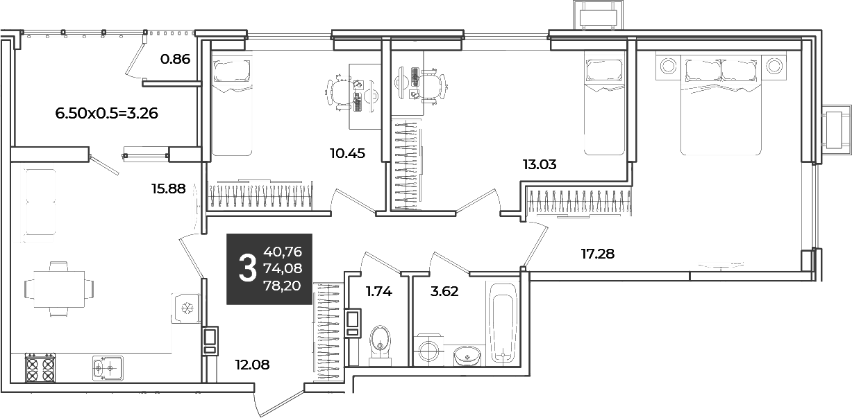3-комн. квартира, 74.08 м² в ЖК Образцово — фото 2
