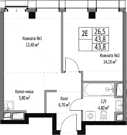 2-комн., 43.8 м², 18/26 этаж, ЖК «ЭМОУШН»