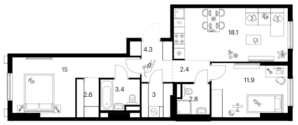 2-комн., 63.5 м², 3/12 этаж, ЖК «Москворечье»
