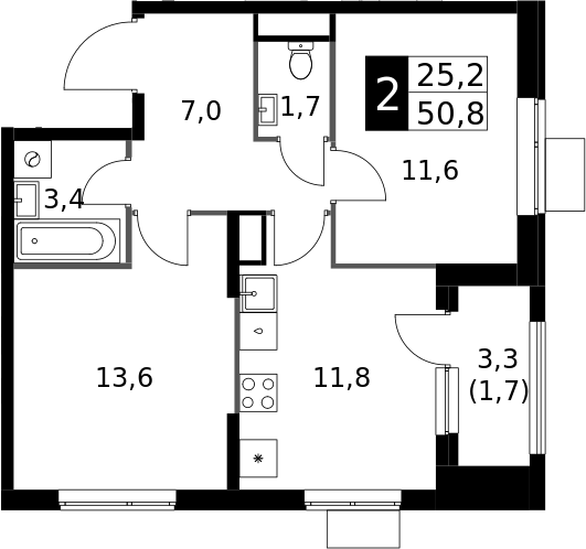 2-комн., 49.1 м², 8/25 этаж, ЖК «1-й Измайловский»