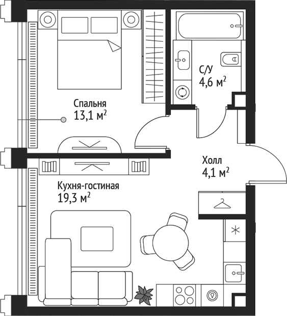 2-комн., 41.1 м², 12/18 этаж, ЖК «СЕТ»