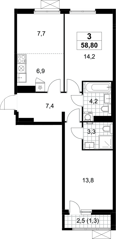 3-комн., 57.5 м², 14/14 этаж, ЖК «Дзен-кварталы»