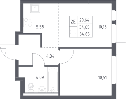 2-комн., 34.65 м², 12/17 этаж, ЖК «Горки Парк»